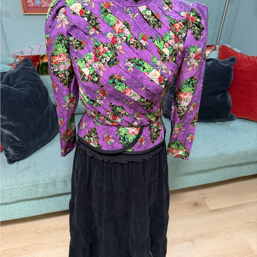 VTG Richard Warren 80’s Purple floral structured silk peplum mandarin Blouse 6P - Picture 12 of 16